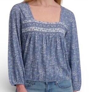 Lucky Brand Blue Floral Blouse women’s Large Long Ballon Sleeves Square Neck